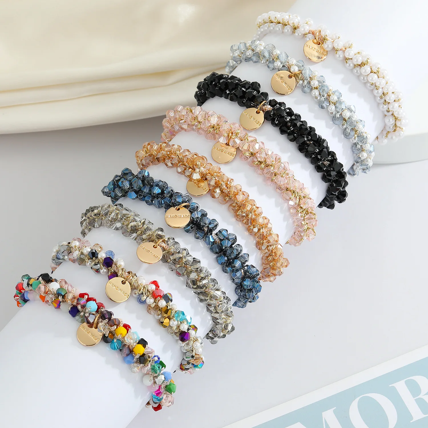 

Korean fashion colorful crystal wrapped pearl Hair rope elastic rope simple girl disc pendant Cute girls hair accessories