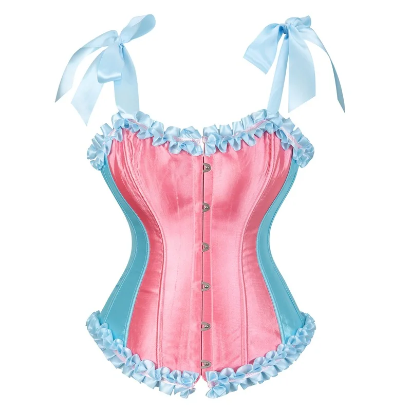 

Candy Color Shapewear Ruffled Rainbow Stitching Corset Satin Fabric Sexy Cute Shoulder Strap Underwear Outer Wear