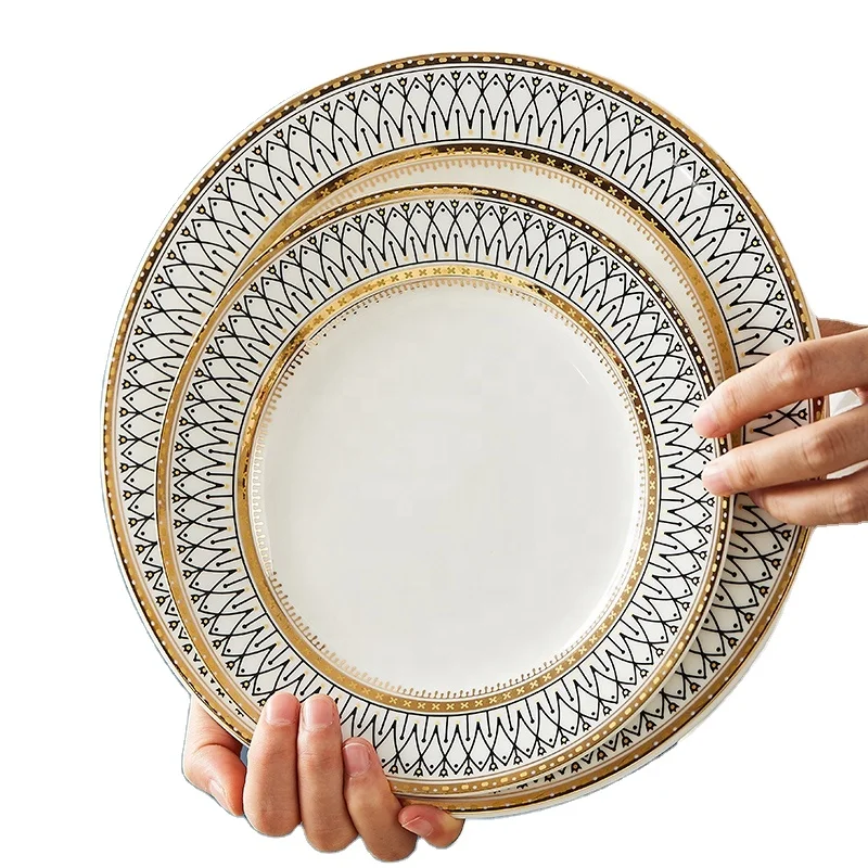 

Shopee Amazon White Bone china tableware Dish Wedding Ceramic Dinner soup plate Gold Rim Set, As picture or customized