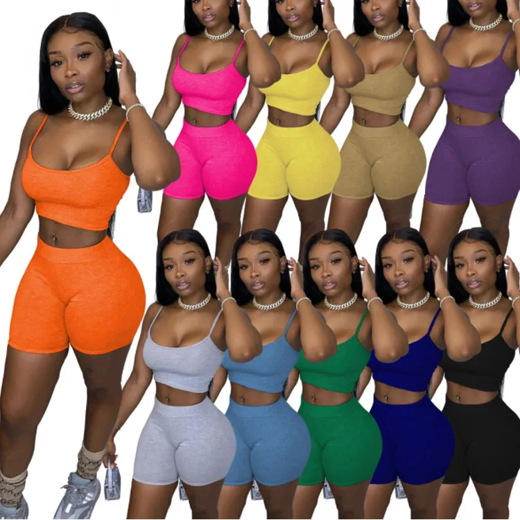 

New Women Summer Fashionable 2 piece Solid Color Camisole Outfits Suit Two Piece Pants Set