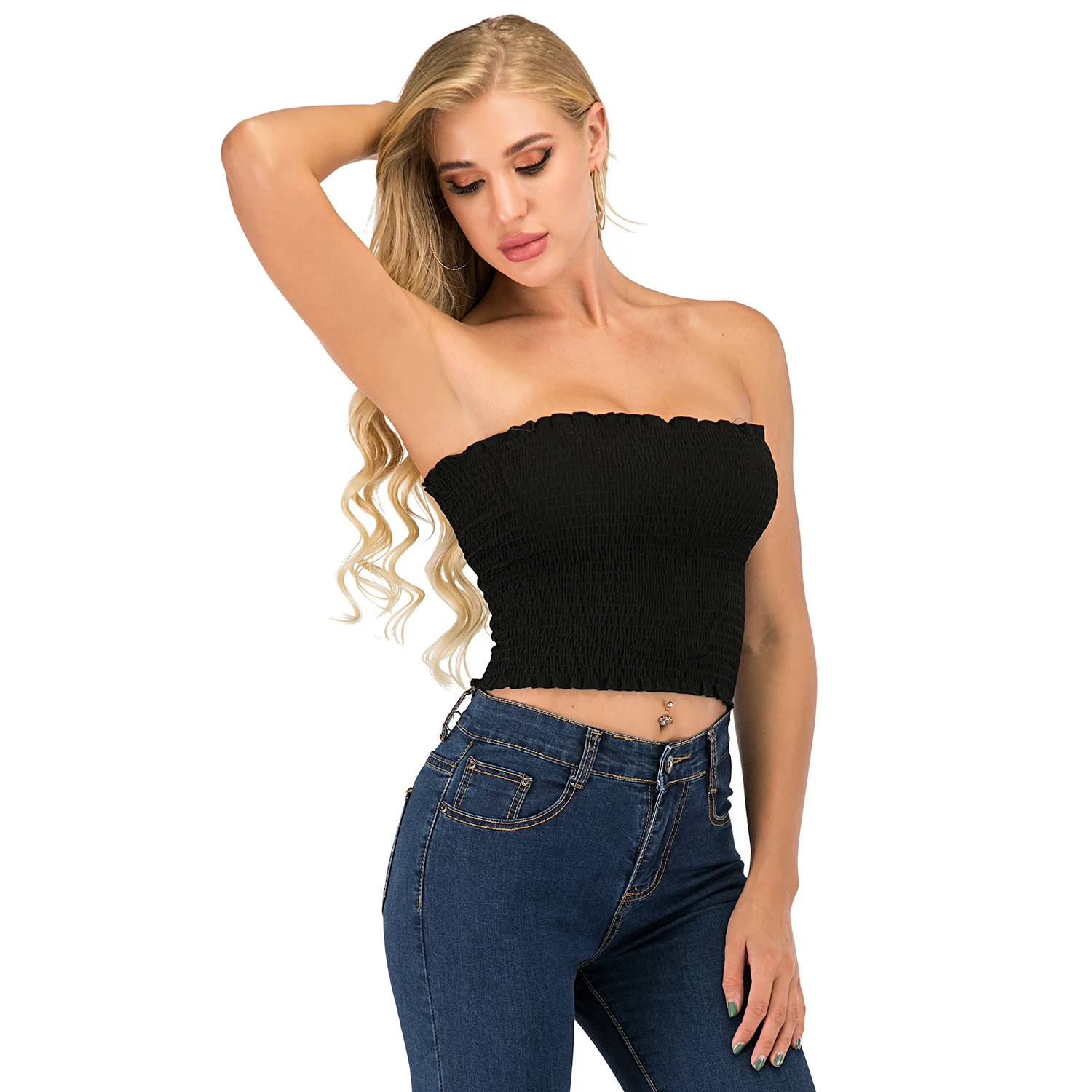 

2020 women's strapless pleated tops sexy Bandeau tube crop tops