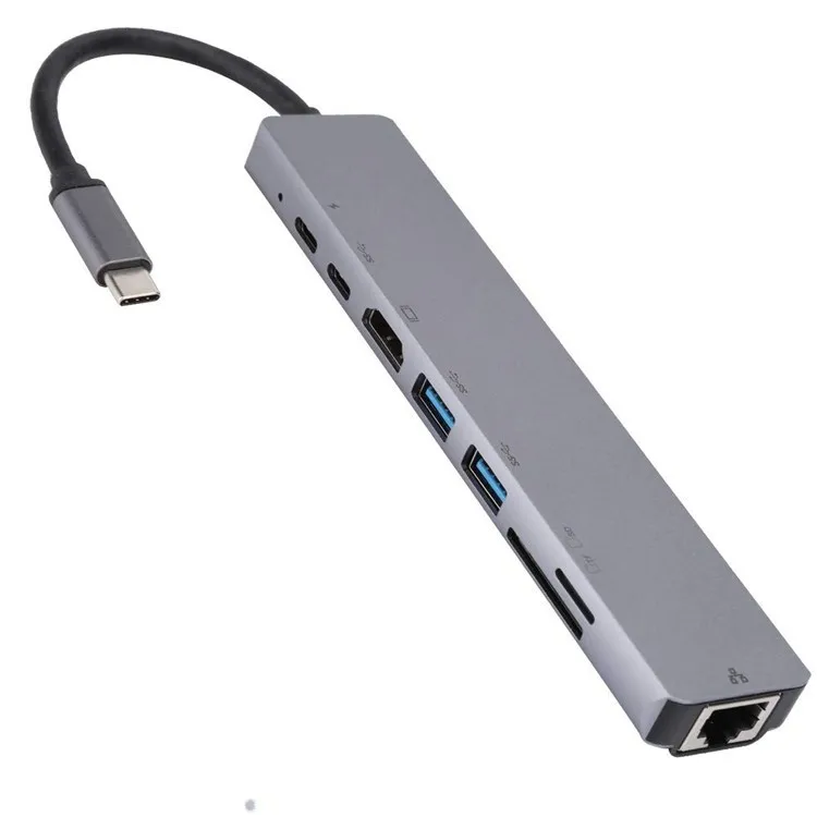 High Quality 8 In 1 Multiport Type C To Hd mi + VGA + LAN Port + 2*USB 3.0 + SD/TF Card + Audio Port + USB-C Hub Cable Adapter