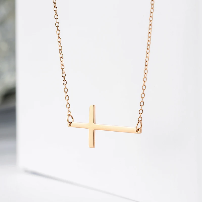 

Horizontal Cross Gold Plated Christian Necklace Stainless Steel Non Tarnish Jewelry Chain