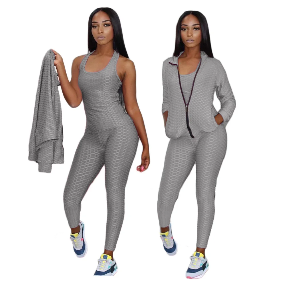 

Activewear Tracksuit Women 3 Piece Sporty Suits Tank Tops Bodycon Jogger Sweatpant Long Sleeve Zipper Coat Matching Sets, Customized color