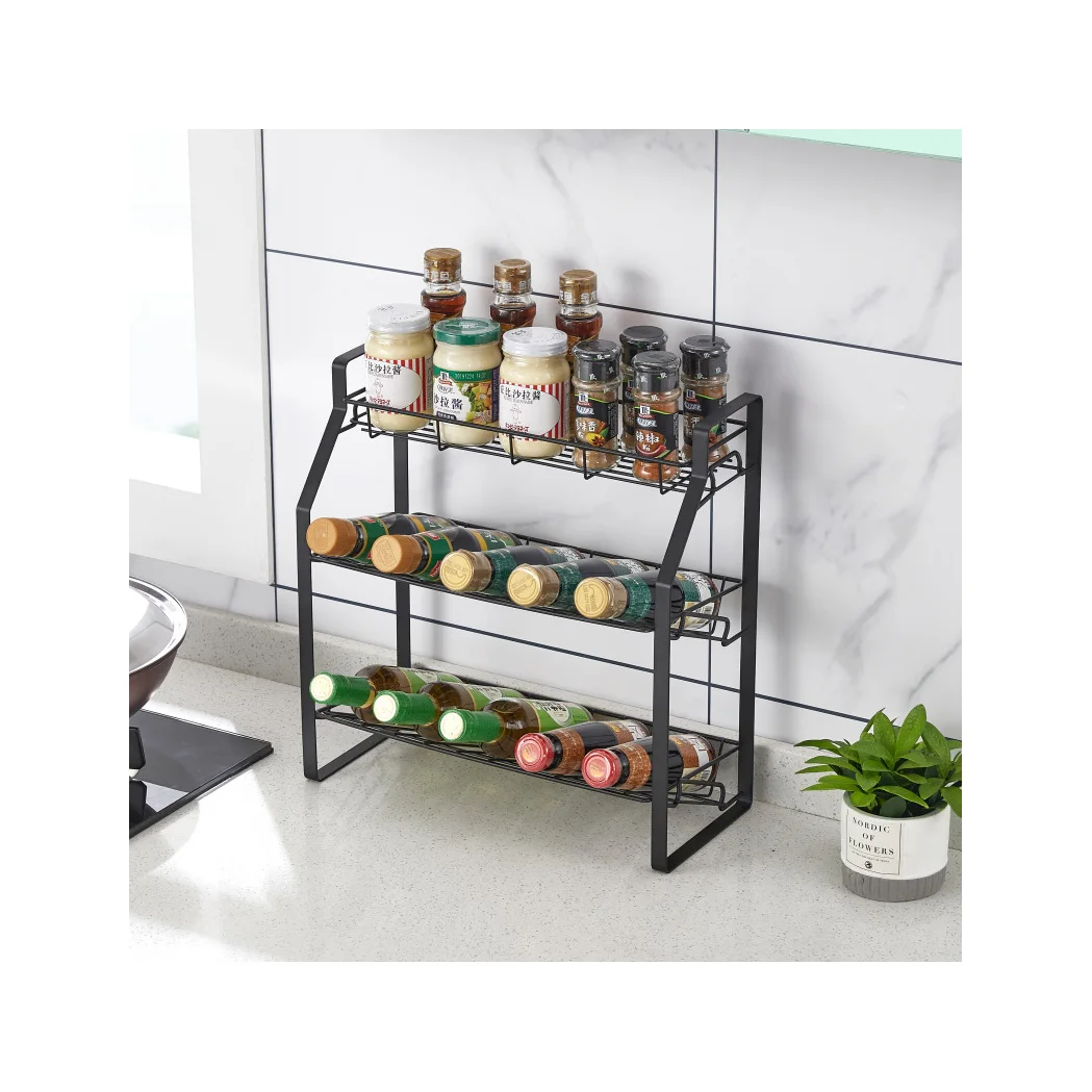 

cheap wall mounted three 3 tier Shelf Metal Jar Organizer bottle Holder Black white Stand Spice Storage rack Kitchen