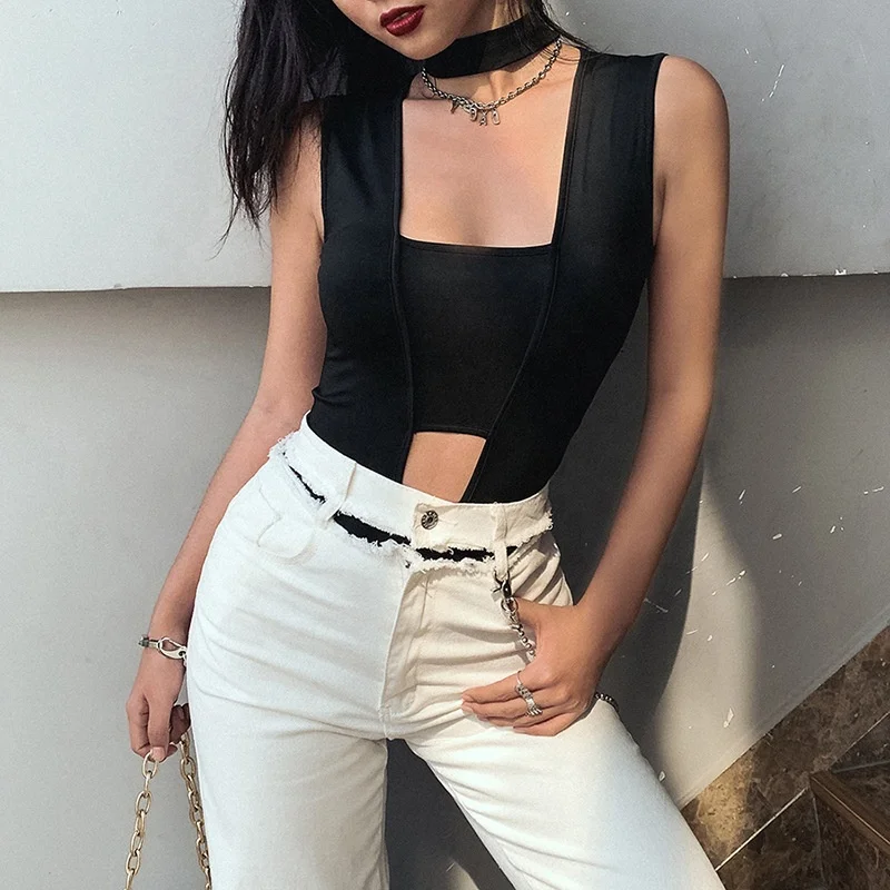 

European and American spring fashion women New Round Neck Hollow Navel Slim All-match T-shirt One Piece