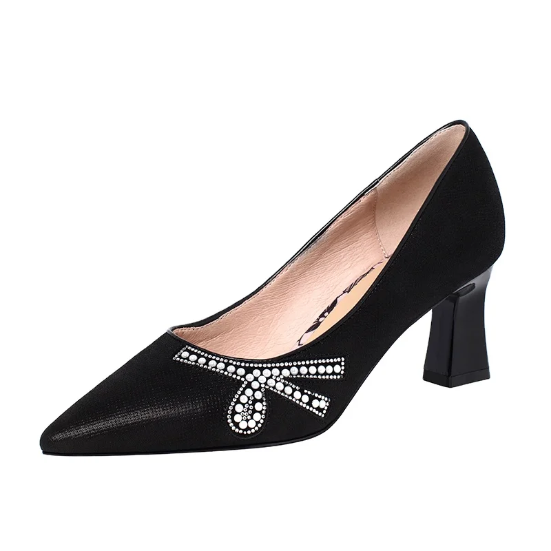 

Universe M049 Fashion Embossing Leather Sheep Skin Pointed Toe Shine Shoes With Rhinestone Pearl Ladies Shoes Women Dress Shoes, Black/blue