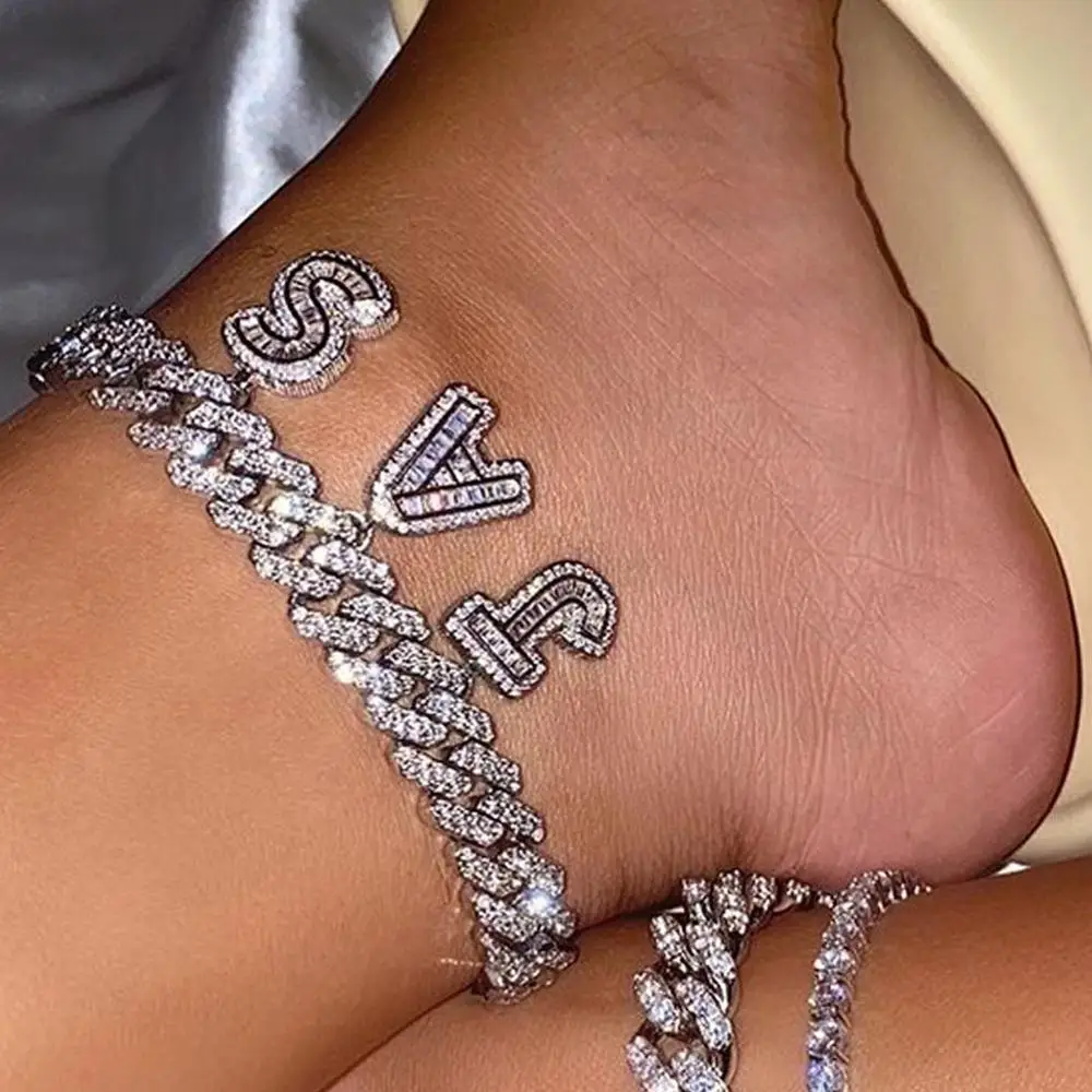 

Cuban Link DIY Name Anklet Bracelets for Women Crystal Zircon Initial 26 Letter Anklet Wholesale Charm Jewelry, Picture