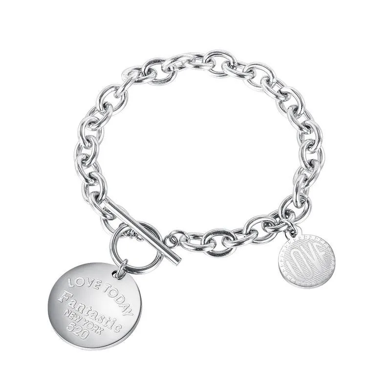 

European Fashion Stainless Steel Silver Plated Round Coins Charm Bracelet LOVE Coin Charm Bracelet with OT Clasp