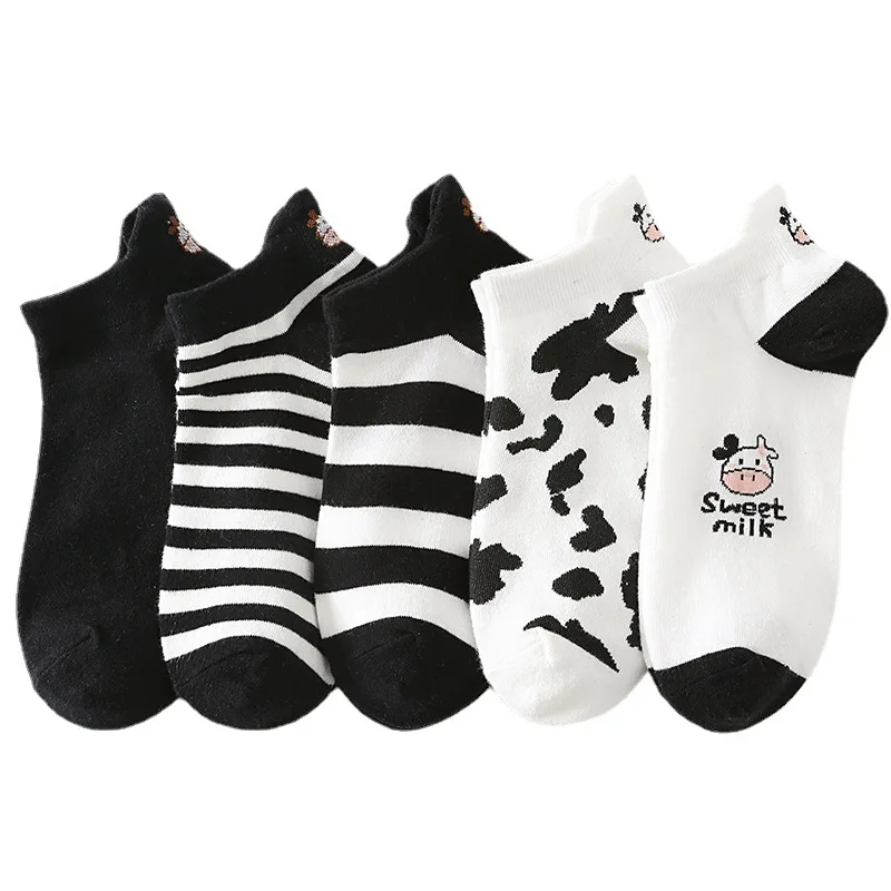 

New Arrivals Black White Dairy Cattle High Heel Girls Boat Socks Cartoon Stripes Cute Cotton Socks Women, 6 colors