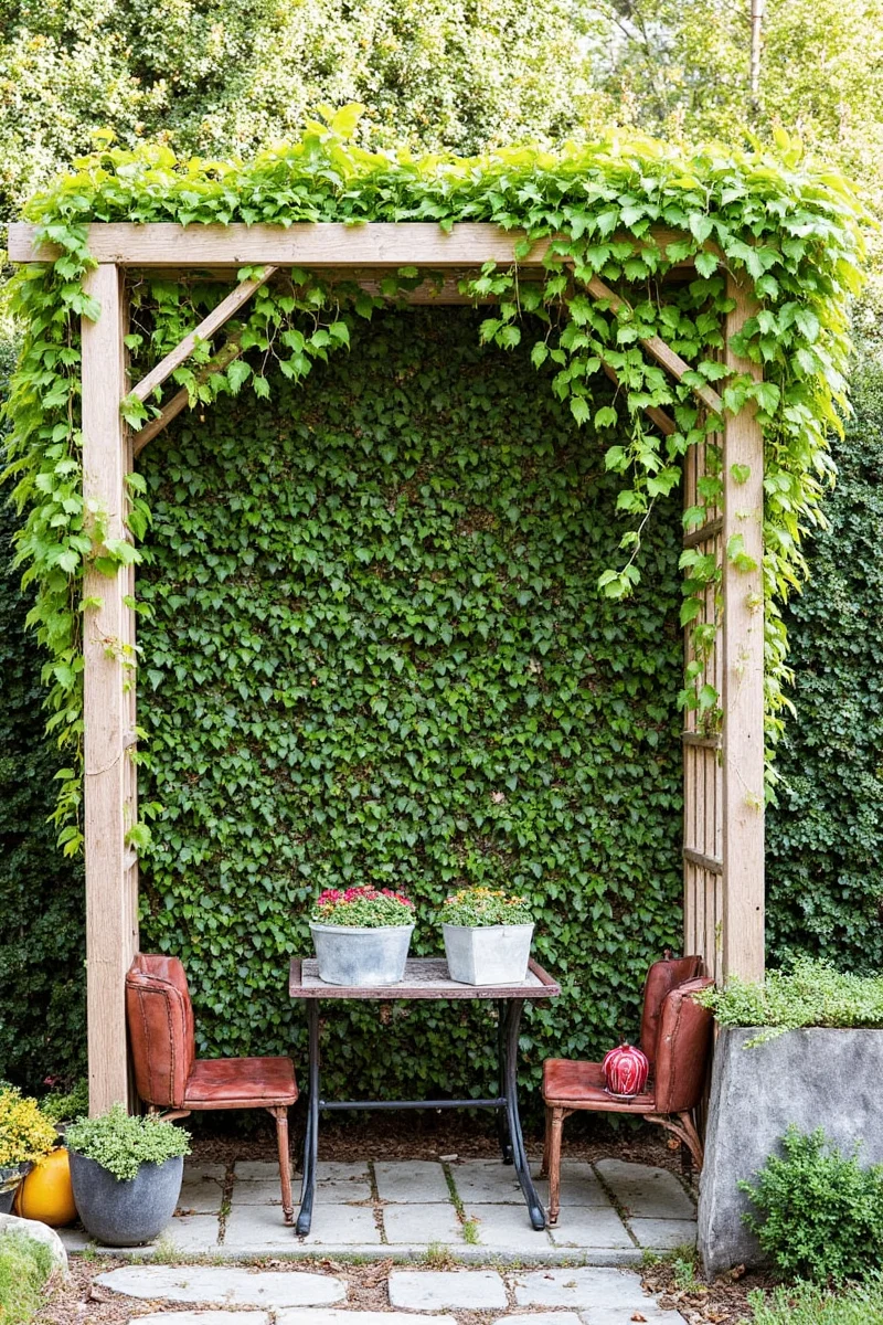 Family enjoying garden with large trellis