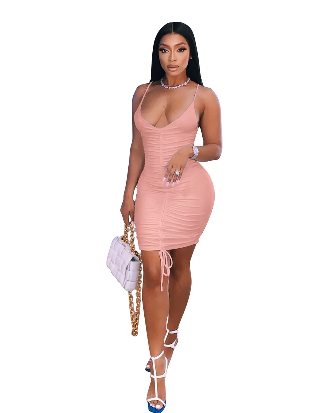 

V Neck Soild Folding Bodycon Dress With Drawstring Evening Dresses 2021