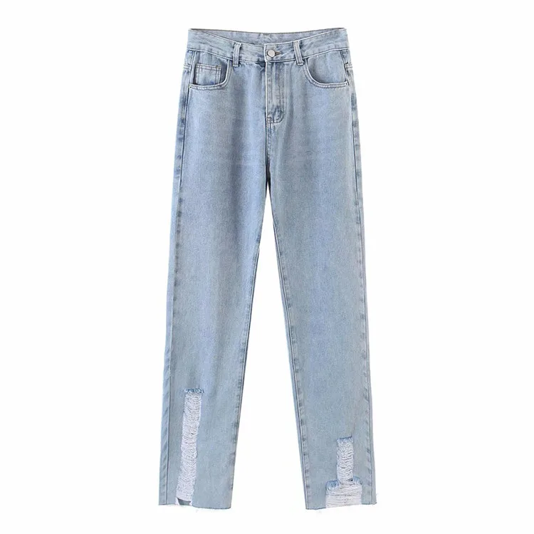 

Bmurhmza2021 summer new hole break casual fashion all round straight tube light blue ground girls' jeans, Picture color