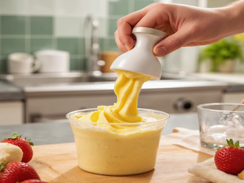 Hand-cranking ice cream maker with creamy swirls emerging