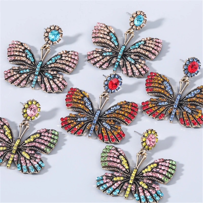 

New Fashion Colorful Full Rhinestone Earring Big Metal Butterfly Drop Earrings For Women