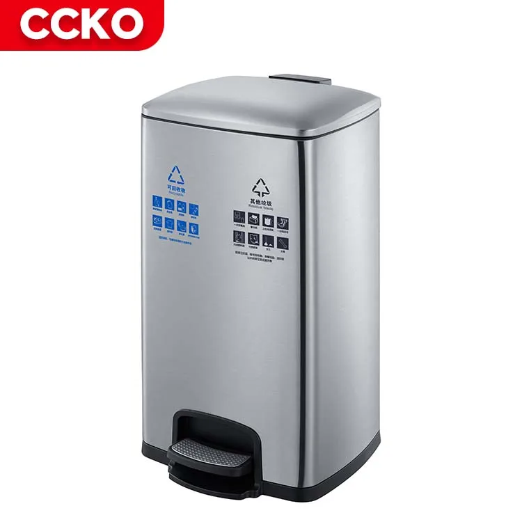

Mall Lobby Hotel Kitchen Trash Can 30 Liters Rectangular Garbage Bin Garbage Can Stainless Steel Pedal Bins With 2 Waste Bins