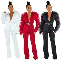 

New Sexy Mesh Ruffle Edge Sleeve Solid Blazer 2020 Woman Two Piece Pants Suit Set KG1361