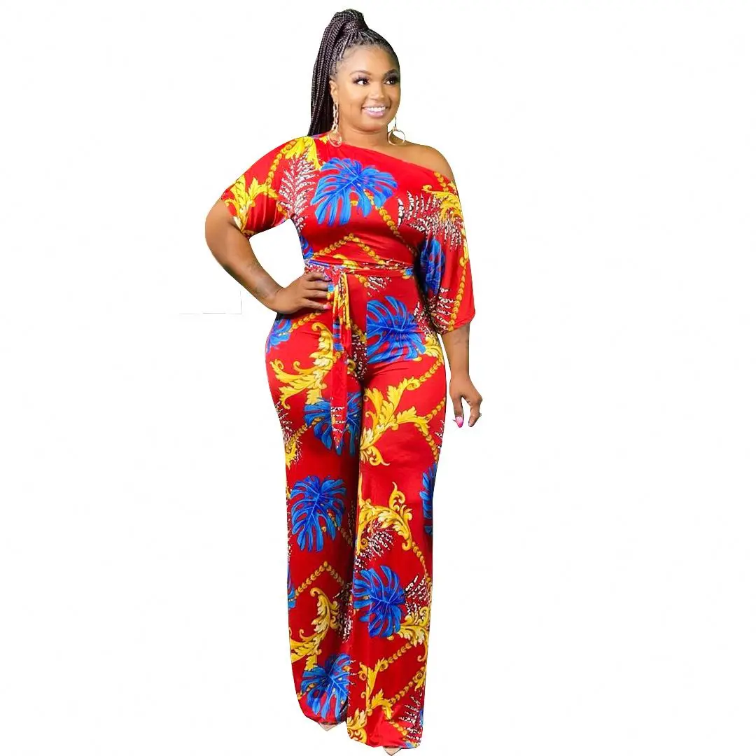 

Hot sale half-sleeved sexy word-shoulder wide-leg printed jumpsuit