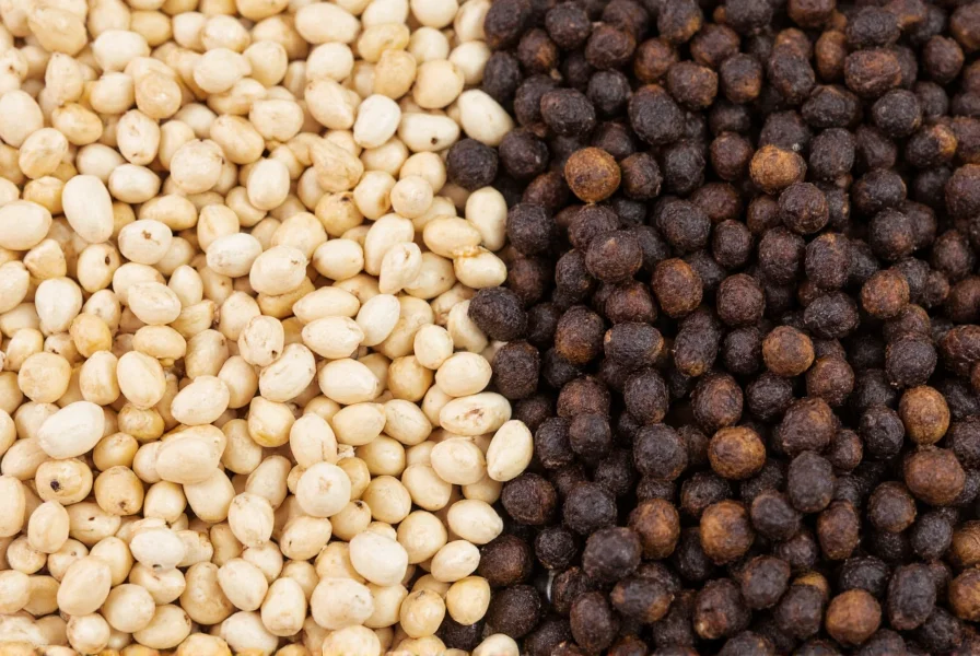 Close-up comparison of white pepper grains next to black pepper corns showing the color difference