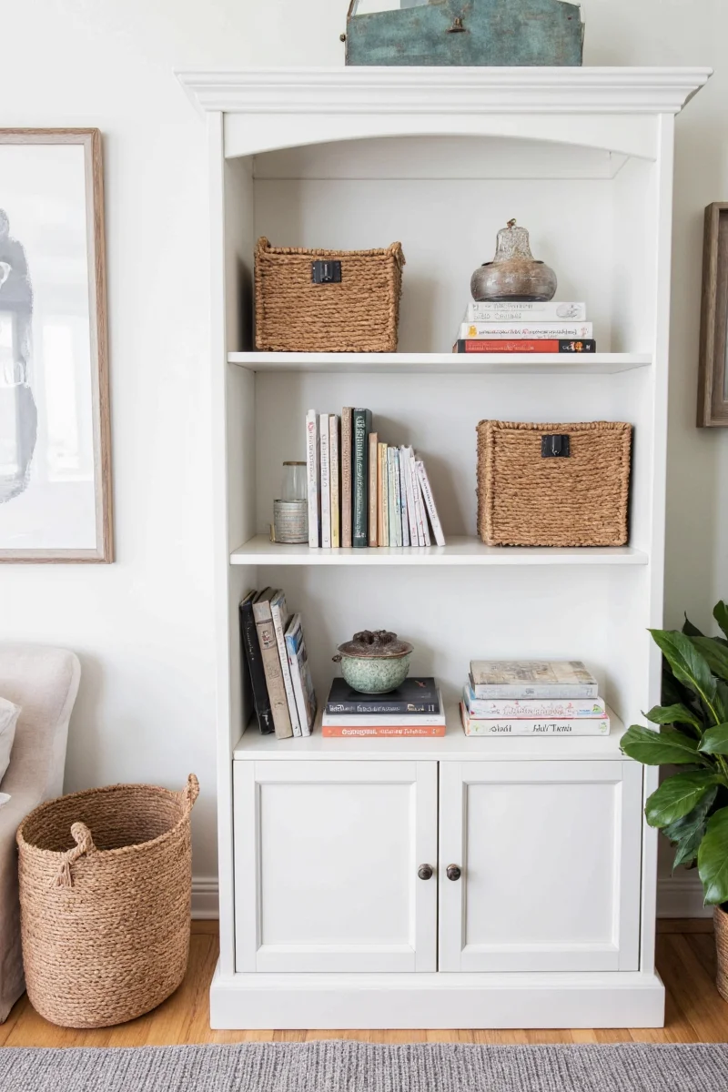 Antique white bookcase with books and decorative items