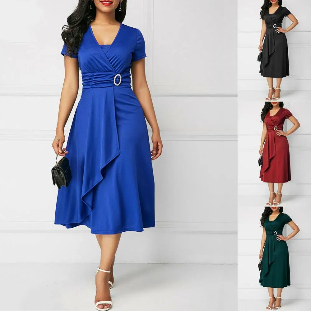 

Elegant Women Fashion High Waist Plain Asymmetric Midi OL Casual Short Sleeve Party vestidos Dress Plus Size S-5XL