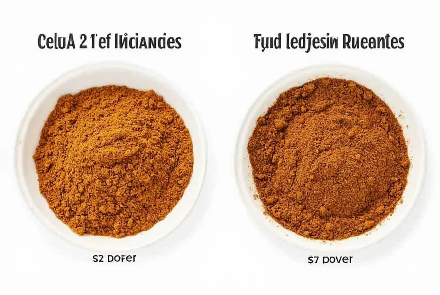 Side-by-side comparison of ground Ceylon cinnamon showing lighter color versus darker Cassia cinnamon powder with labeled containers