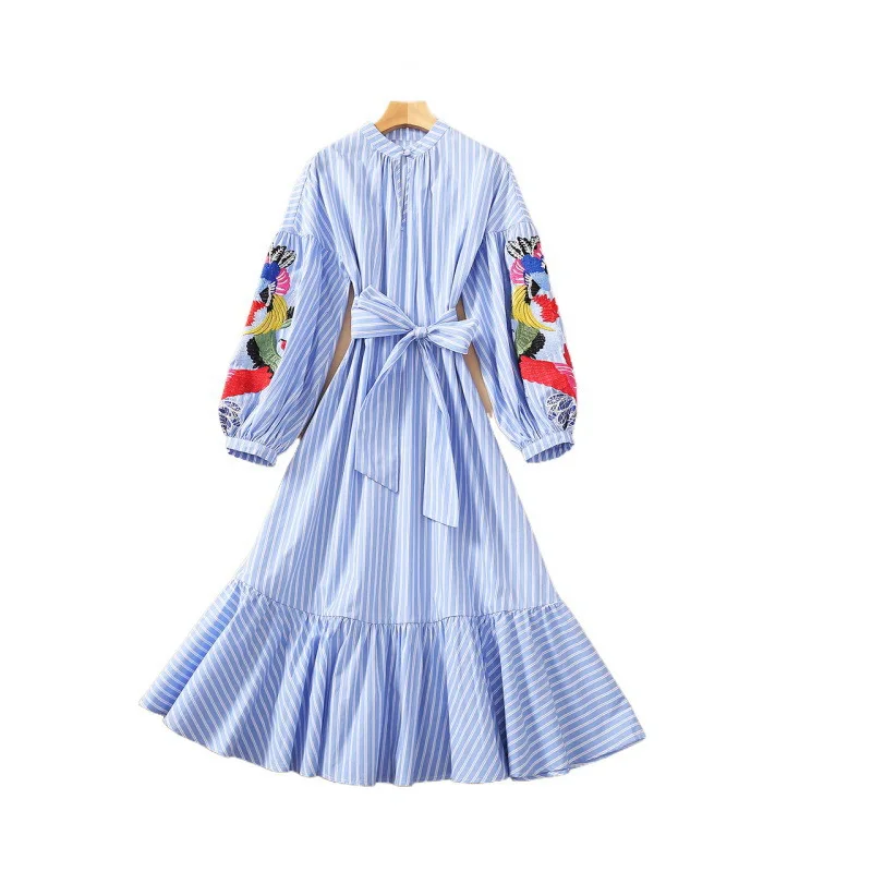 

Women's New Spring Summer Runway Elegant Long Dress Women's Fashion Embroidery Lantern Sleeve Stripe Blue Dresses