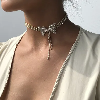 

Elegant Fashion Jewelry Shiny CZ Zircon Butterfly Necklace Layered Full Crystal Butterfly Choker Necklace For Women Girls