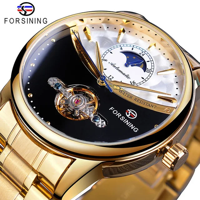 

Forsining Mens Automatic Wrist Watch Royal Golden Sun Moon Self-Wind Skeleton Stainless Steel Band Mechanical Relogio Clock, 7-colors