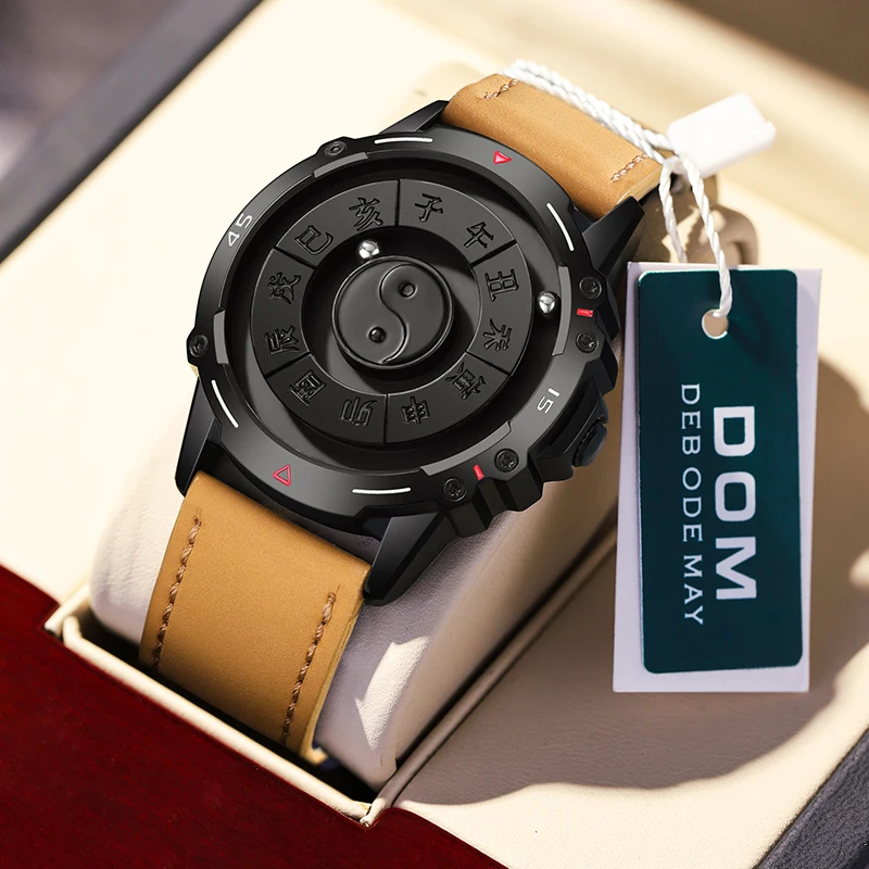 DOM 1737 Magnetic Watch for Men Creative Rolling Pointer Design Mens Quartz Wartches Business Luxury Genuine Leather Wristwatch