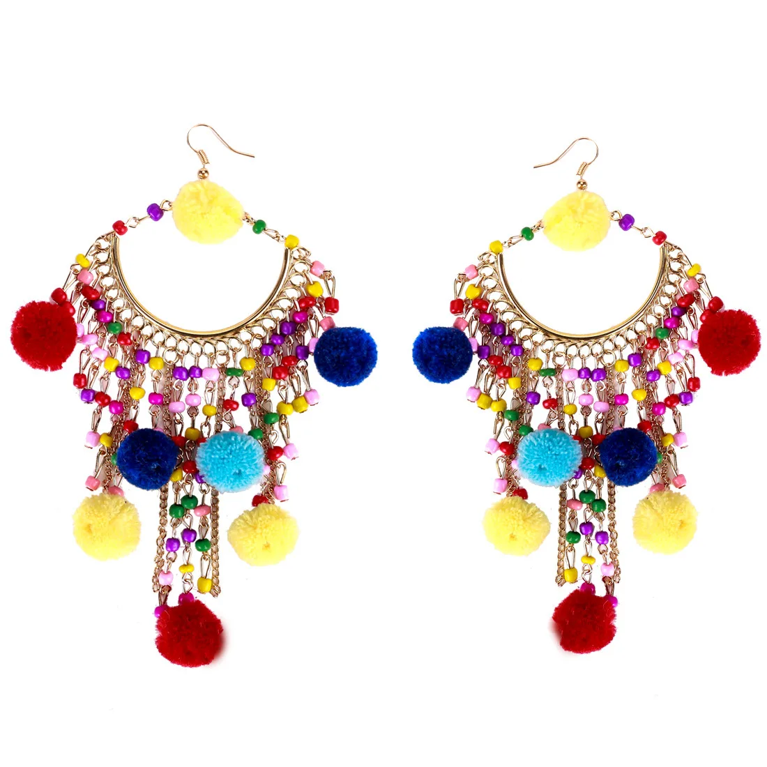

Trendy Hyperbolic Geometric Beads Chain Tassel Charm Drop Earrings Colorful Fringe Pom Pom Ball Pendants Earrings, Picture shows/custom color