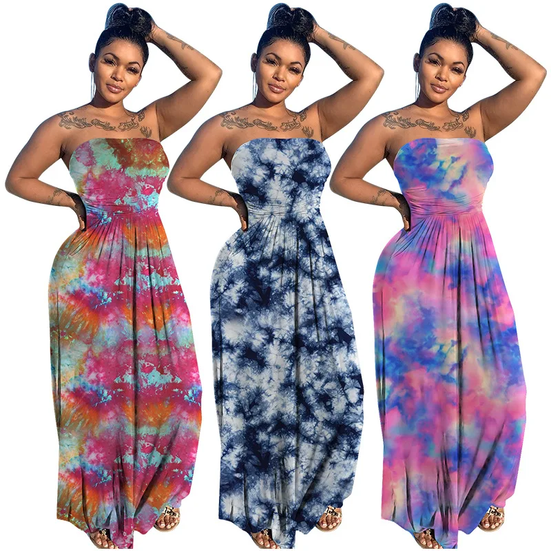 

YD - K9890 Summer women tie dye maxi strapless dresses sexy cotton plus size dress