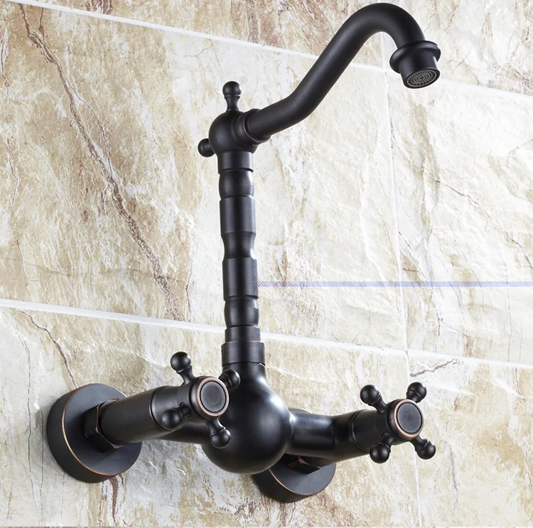 China Competitive Price Vintage Copper Double Handles Wall Mounted Black Kitchen Faucet ORB Kitchen Sink Faucet Water Mixer Tap