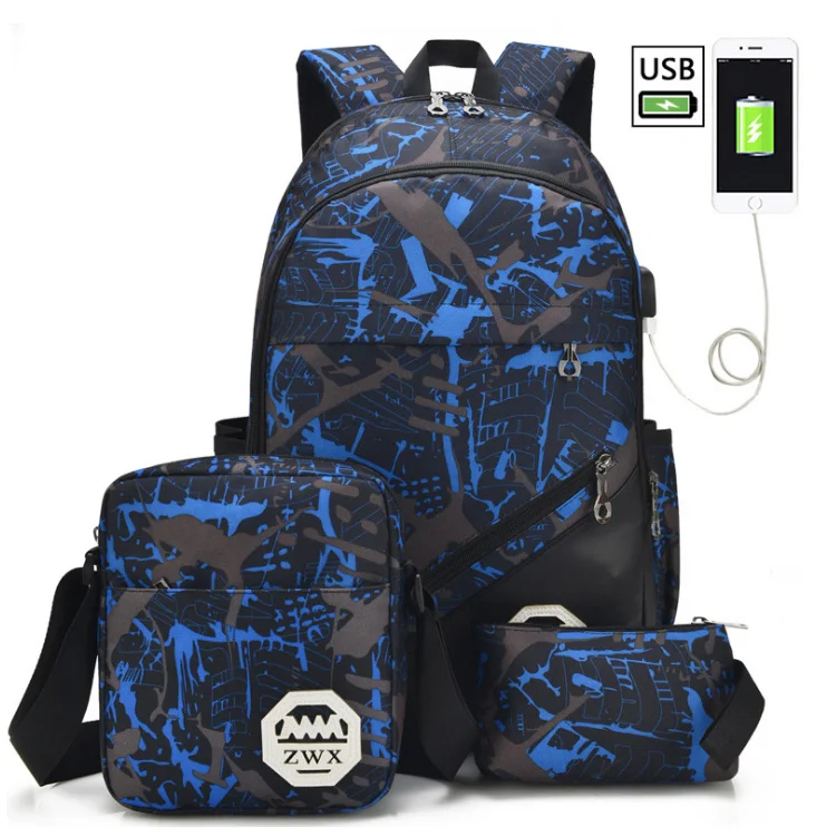 

3pcs High School Bags Set For Boys School Backpack WIth USB Charger