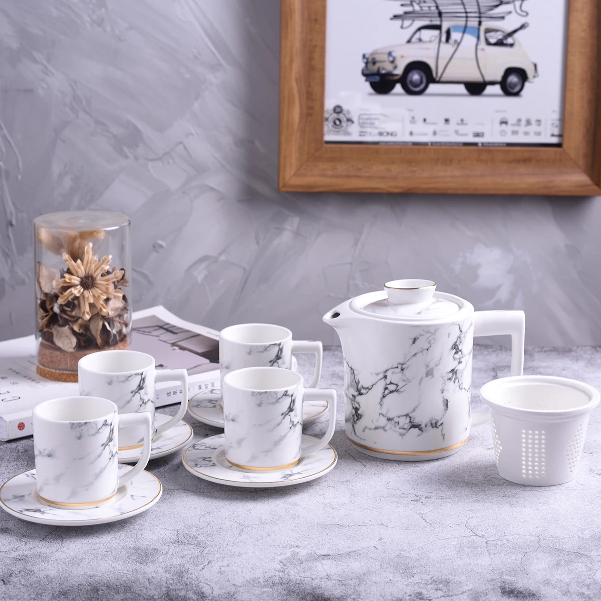 Classic Marble Tea Cup Sets 13 Pcs Ceramic Tea Sets With Gold Plated