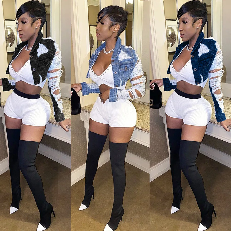 

2020 fall distressed crop ripped denim jacket women