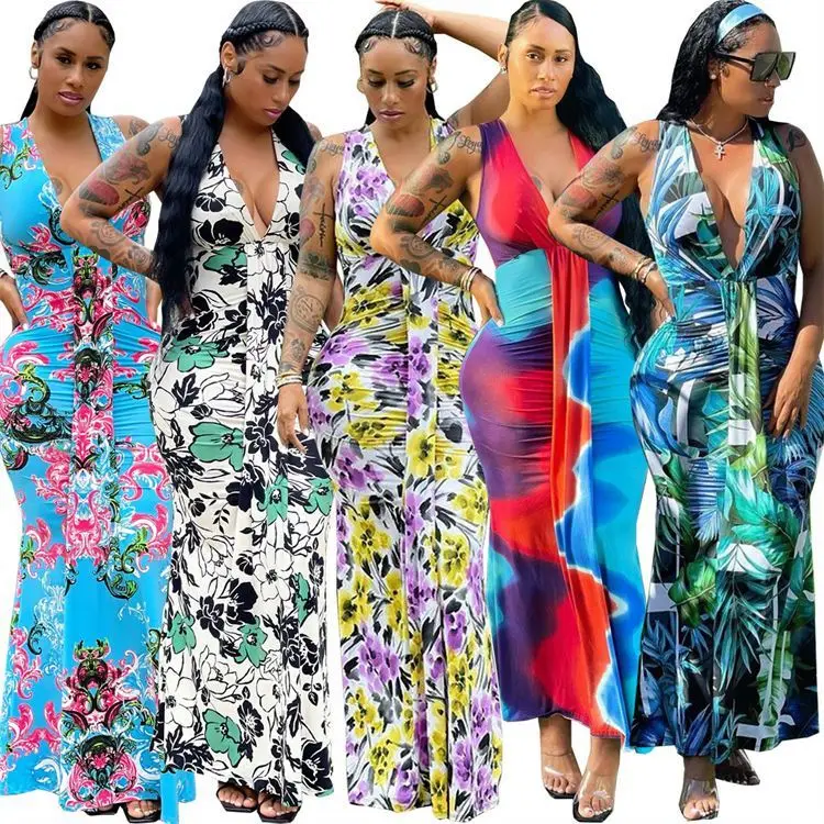 

TINA Latest Design Summer V-Neck Sexy Dresses 2021 Elegant Floral Casual Long Dresses
