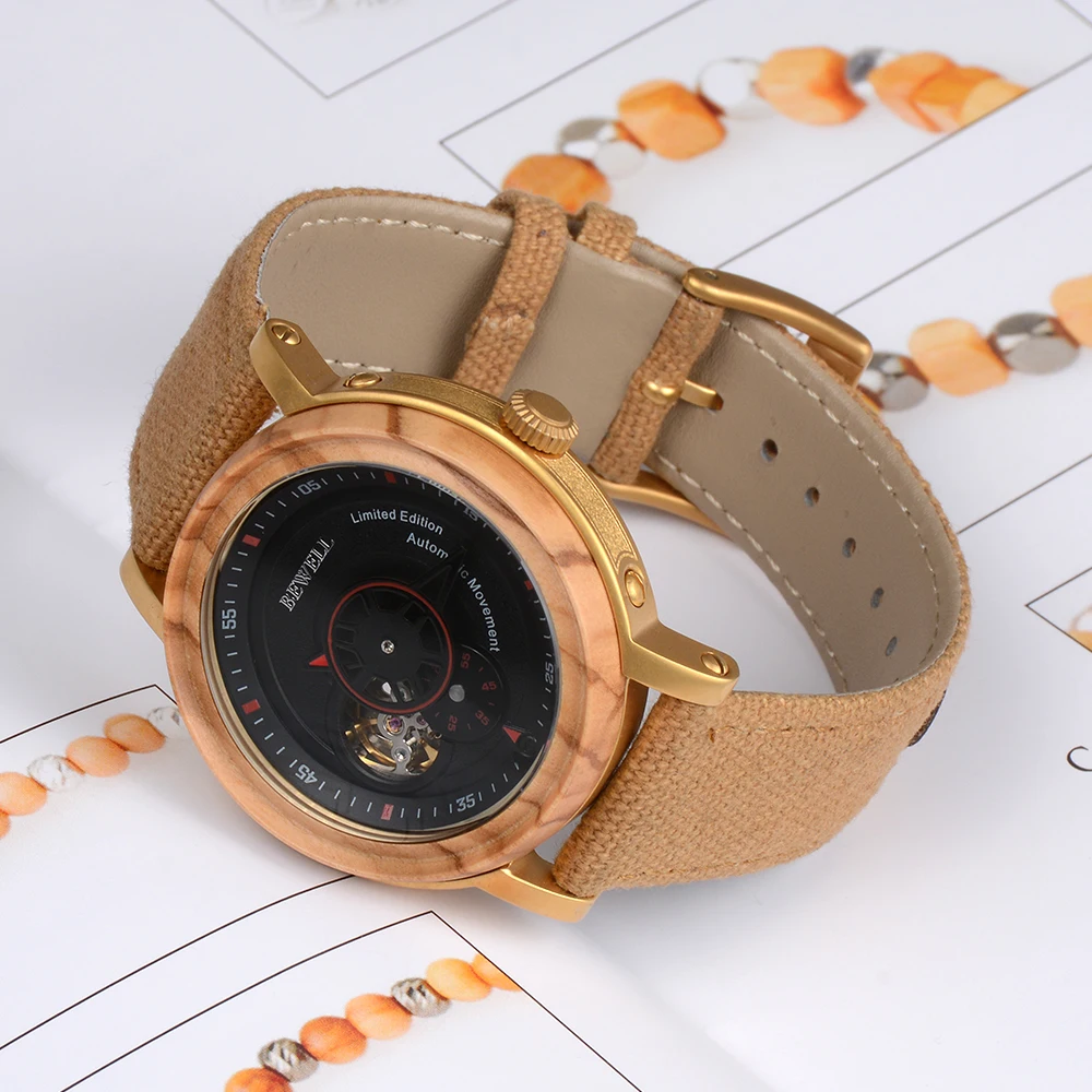 

Luxury wooden skeleton watch automatic mechanical men wristwatch sport style with canvas strap