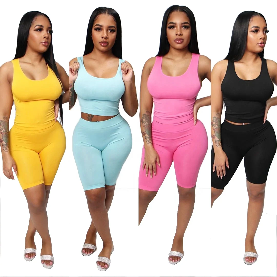 

A108 New Solid Color 2 Piece Shorts Set Women Summer Sportswear Vest Short Sets For Women, Yellow , light blue , black , pink
