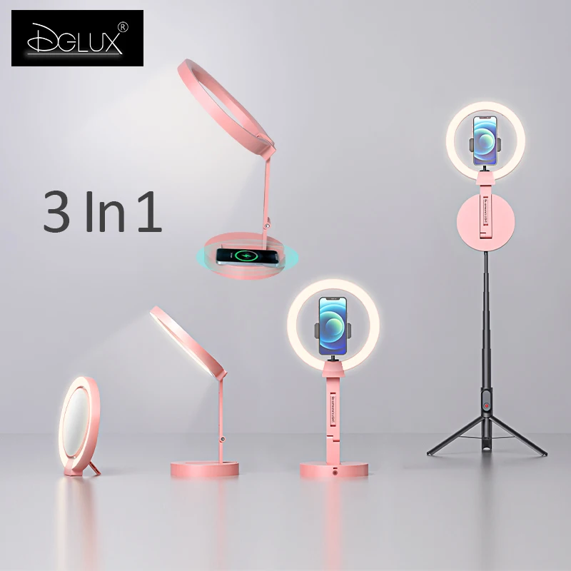 

Phtographic Lighting Portable 3 In 1 Foldable Stand Beauty Makeup Mirror LED Selfie Ring Light