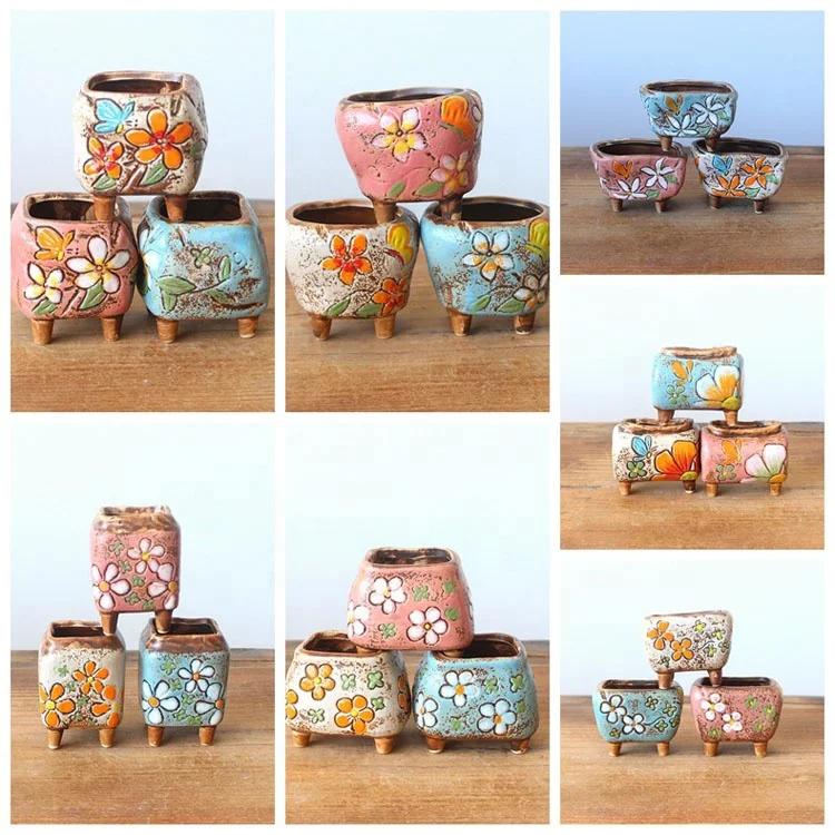 Full Set Ceramic Flowing Glaze Solid Gray Container Succulent Plant Pot