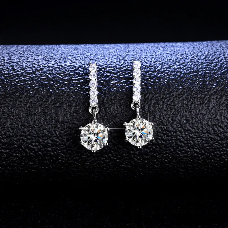 

Silver 925 Original Round Brilliant Cut Total 2 Carat Diamond Test Past D Color Moissanite Drop Earrings Gemstone Party Jewelry