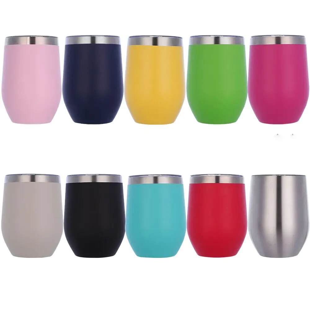 

Watersy 12oz Double Wall Stainless Steel Thermal Powder Coating Wine Glass Tumbler Egg Shape Cups With Sliding lid Custom Logo, Custom color