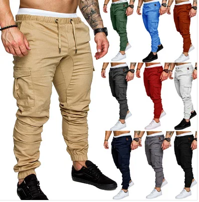 

2021 Fashion multi pocket trousers men's polyester cotton casual drawstring sports cargo pants, Picture color