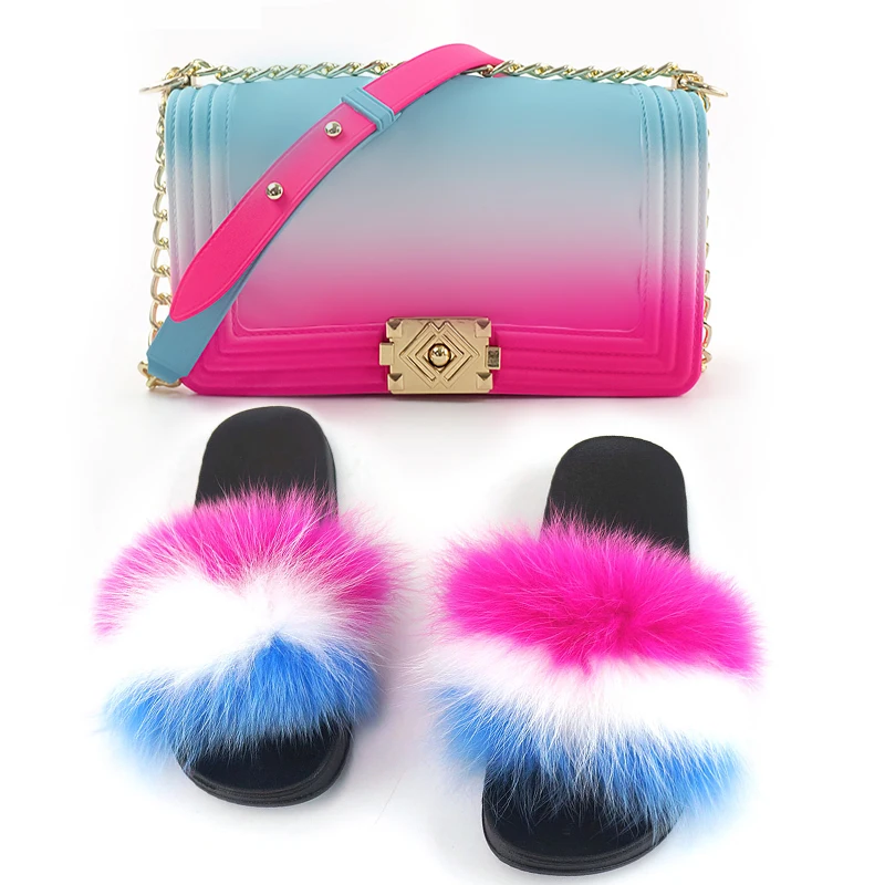 

2021 Hot selling wholesale real furry fur slides with jelly purses sets for women