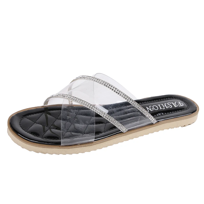 

2021 summer new beach flip flops female large size foreign trade transparent slippers flat bottom non-slip sandals and slippers