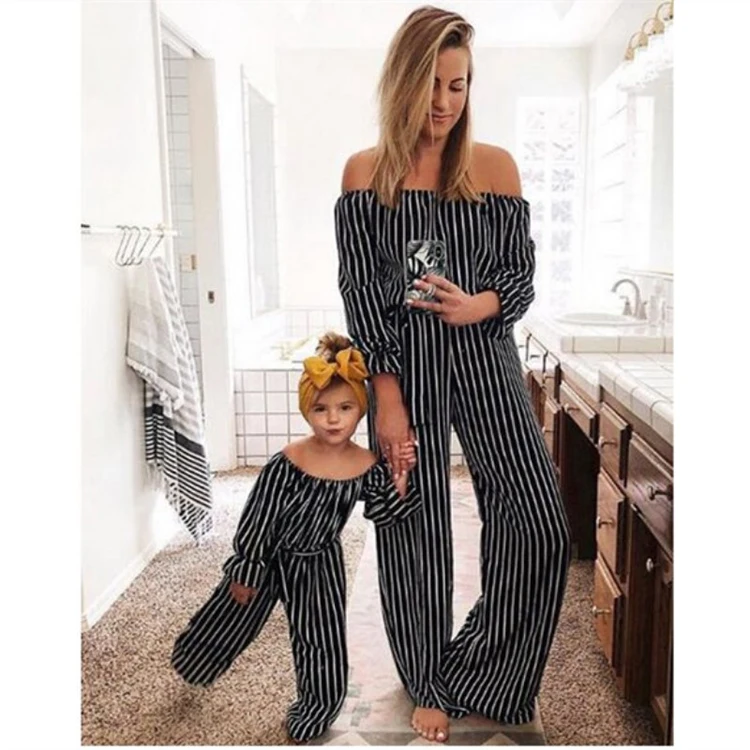 

2021 Striped Shoulder Long Sleeves Outfits Mother Daughter Matching Clothes Mommy And Me Sets, Picture or choose custom