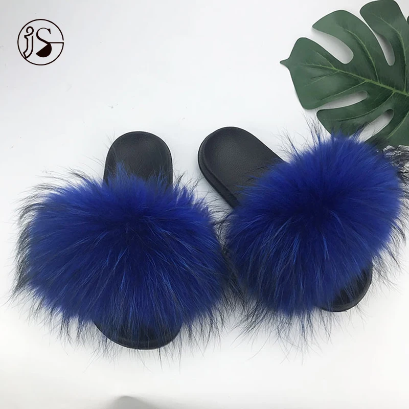 

Indoor real raccoon fur slippers New fashion latest ladies women slippers with flat bottom ladies slippers, Picture