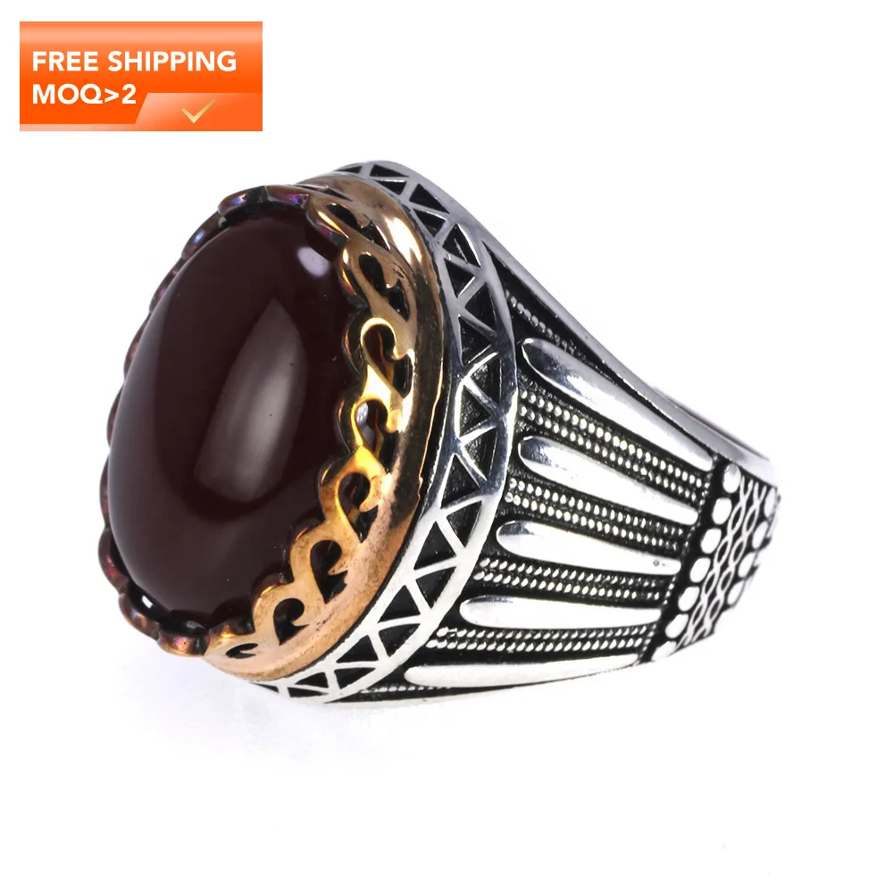 

925 Silver Gems Stone Mens Ring Luxury Big Turkish Rings For Men With Green Red Tiger Eyes Stones Vintage Turkey Jewelry