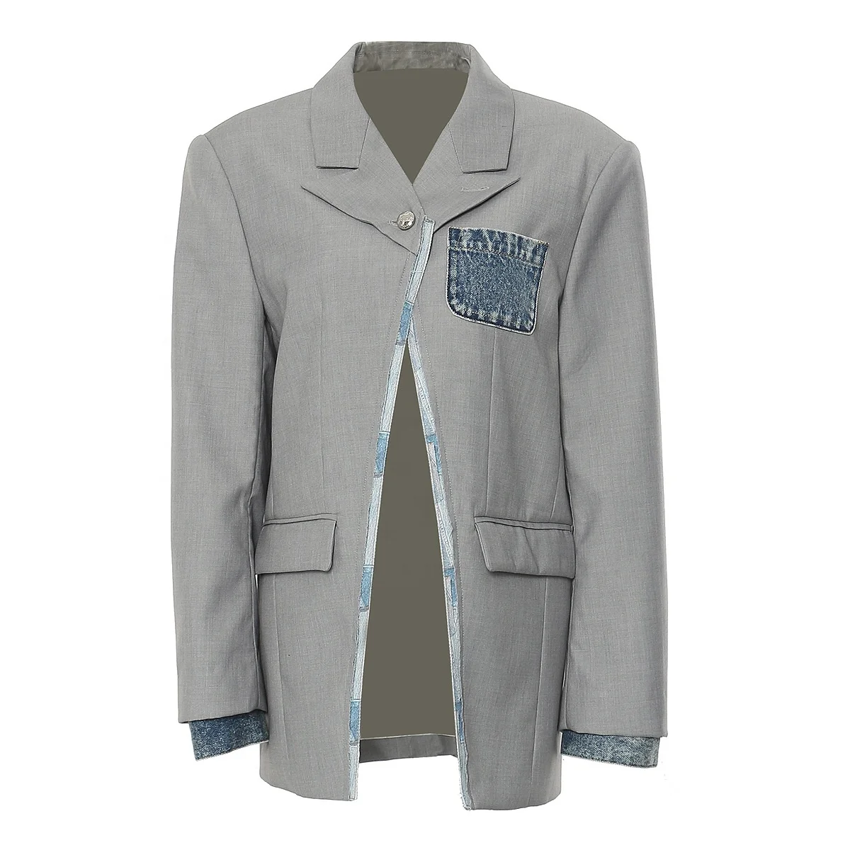

OUDINA Wholesale Woman Irregular Patchwork Denim Pocket Suit Jacket Female Casual Blazers Ladies Women's Blazer
